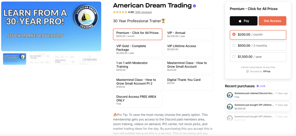 American Dream Trading Price Tiers