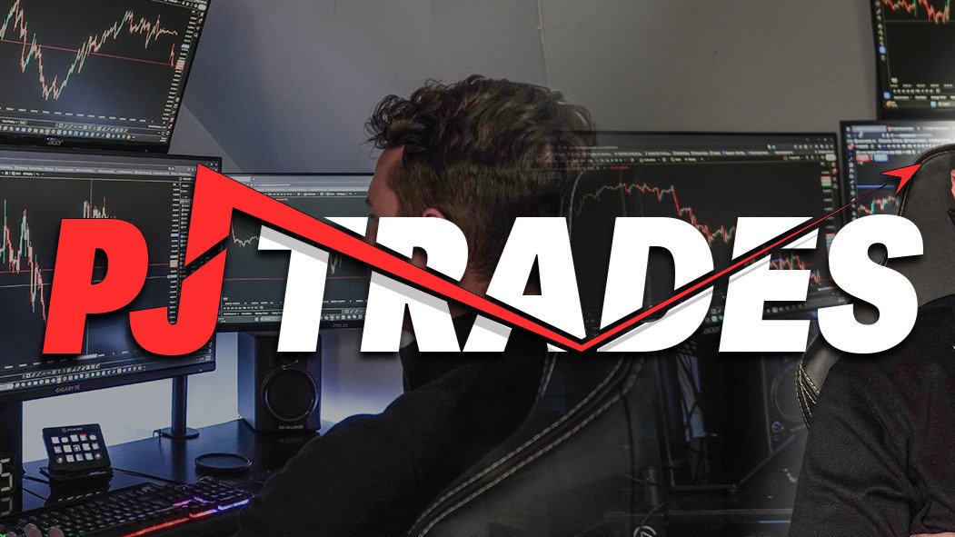 PJ Trades promotional image featuring the trading brand setup and logo